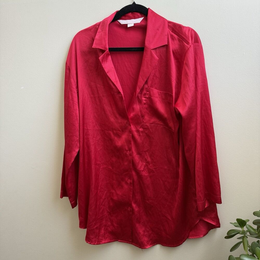 Victorias Secret Red Satin Button Down Sleep Shirt Size Small